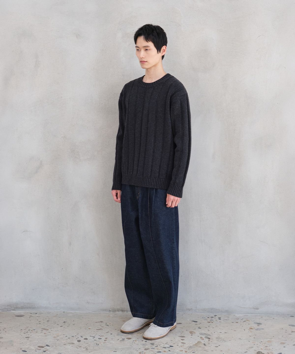 홀리선(HORLISUN) Meadow Wide Rib Crewneck Knit Melange Charcoal
