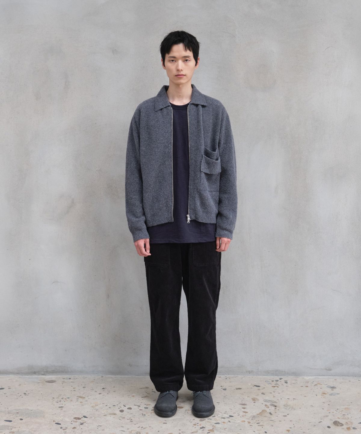 홀리선(HORLISUN) Forshey Boucle Zip Up Knit Cardigan Charcoal Gray