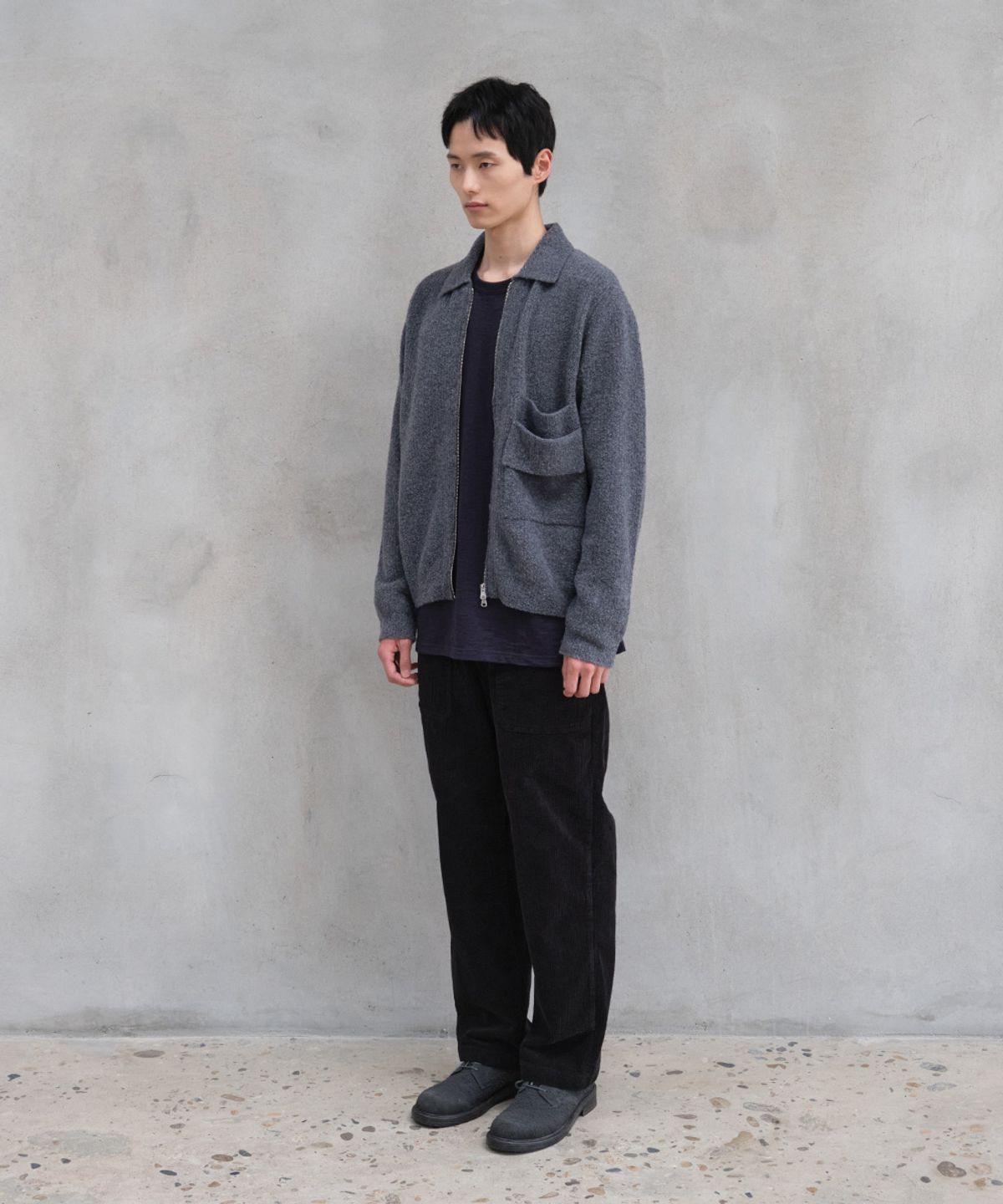 홀리선(HORLISUN) Forshey Boucle Zip Up Knit Cardigan Charcoal Gray