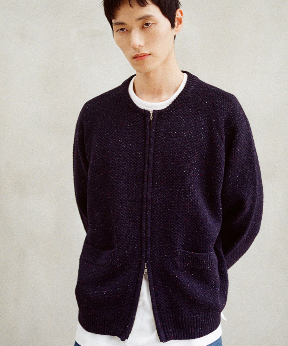 홀리선(HORLISUN) Annette Silk Nep Zip Up Knit Cardigan Navy