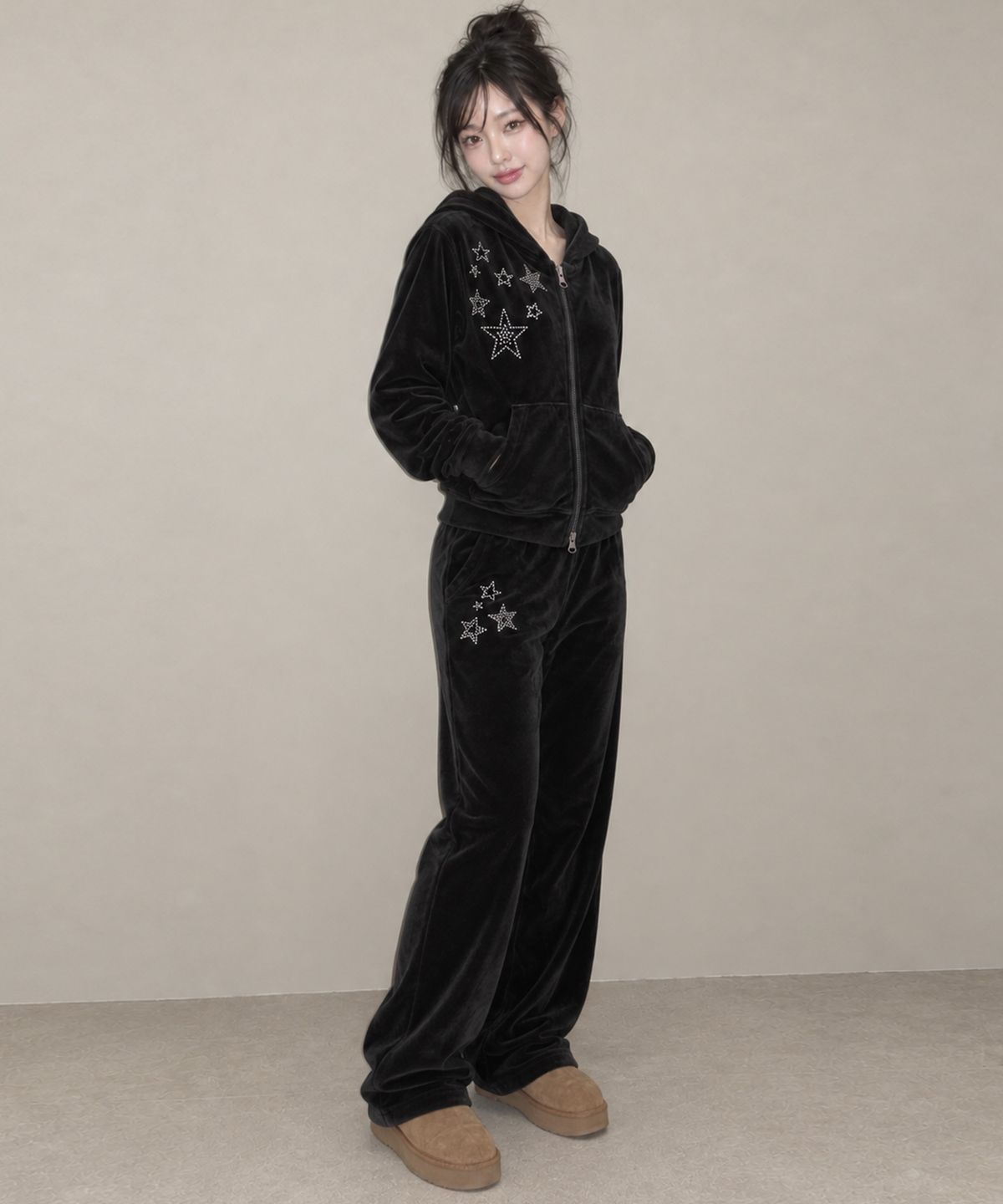 모즈모즈(MOZMOZ) 2color 스타 핫픽스 벨벳 부츠컷 팬츠
