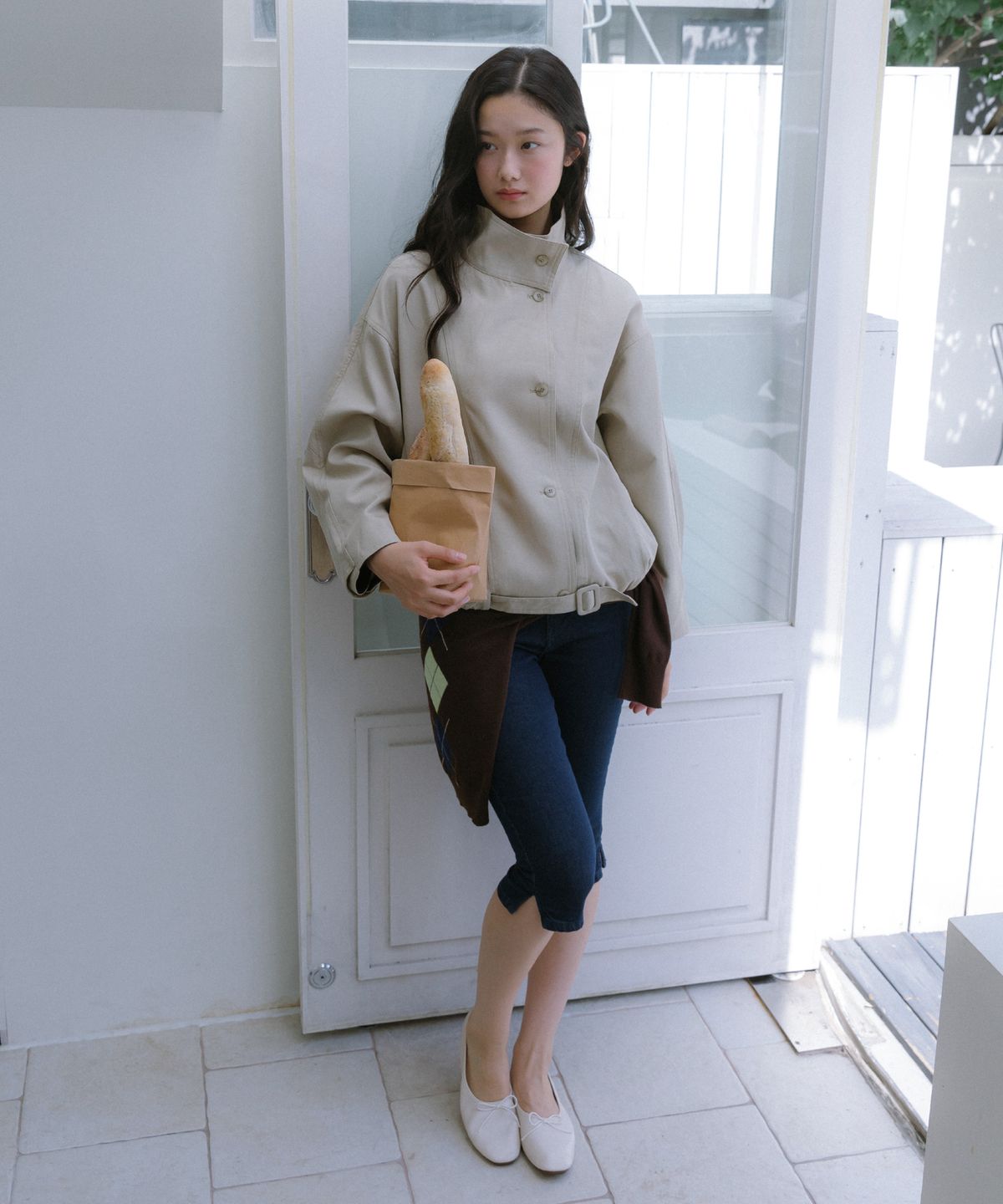 멜로토리(MELLOTORY) 하이넥 벨티드 자켓 (베이지)