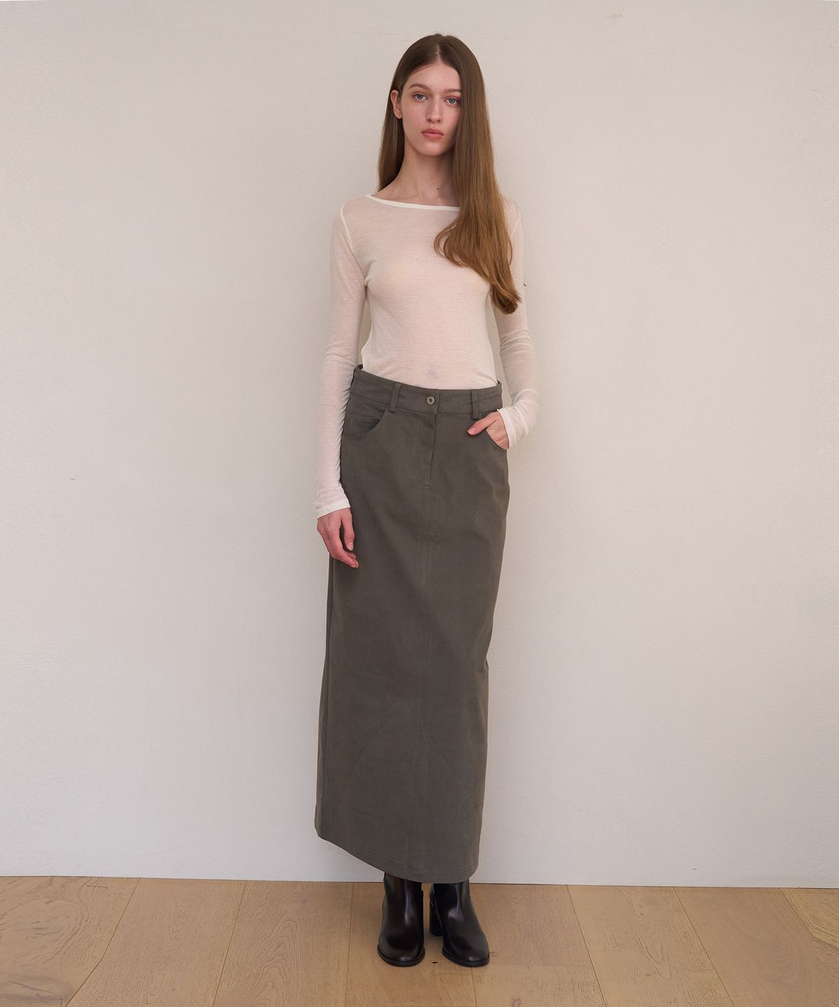 아템포(ATEMPO) SOFT TWILL MAXI SKIRT