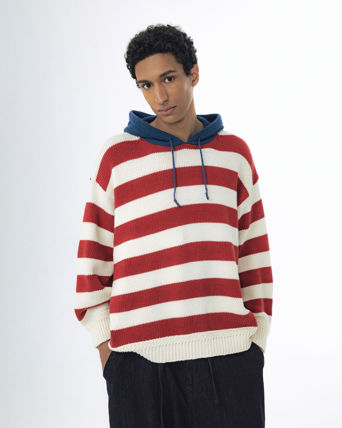 앵글런(ANGLAN) Striped Knit Hoodie - Red