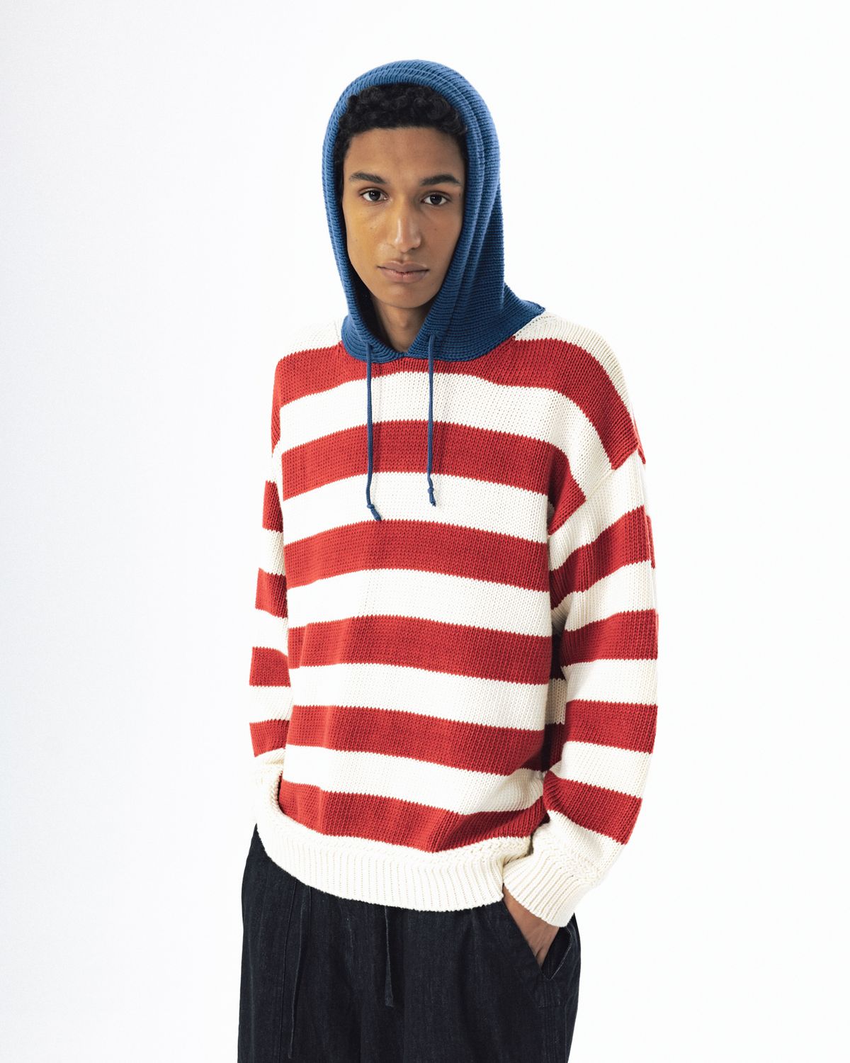 앵글런(ANGLAN) Striped Knit Hoodie - Red