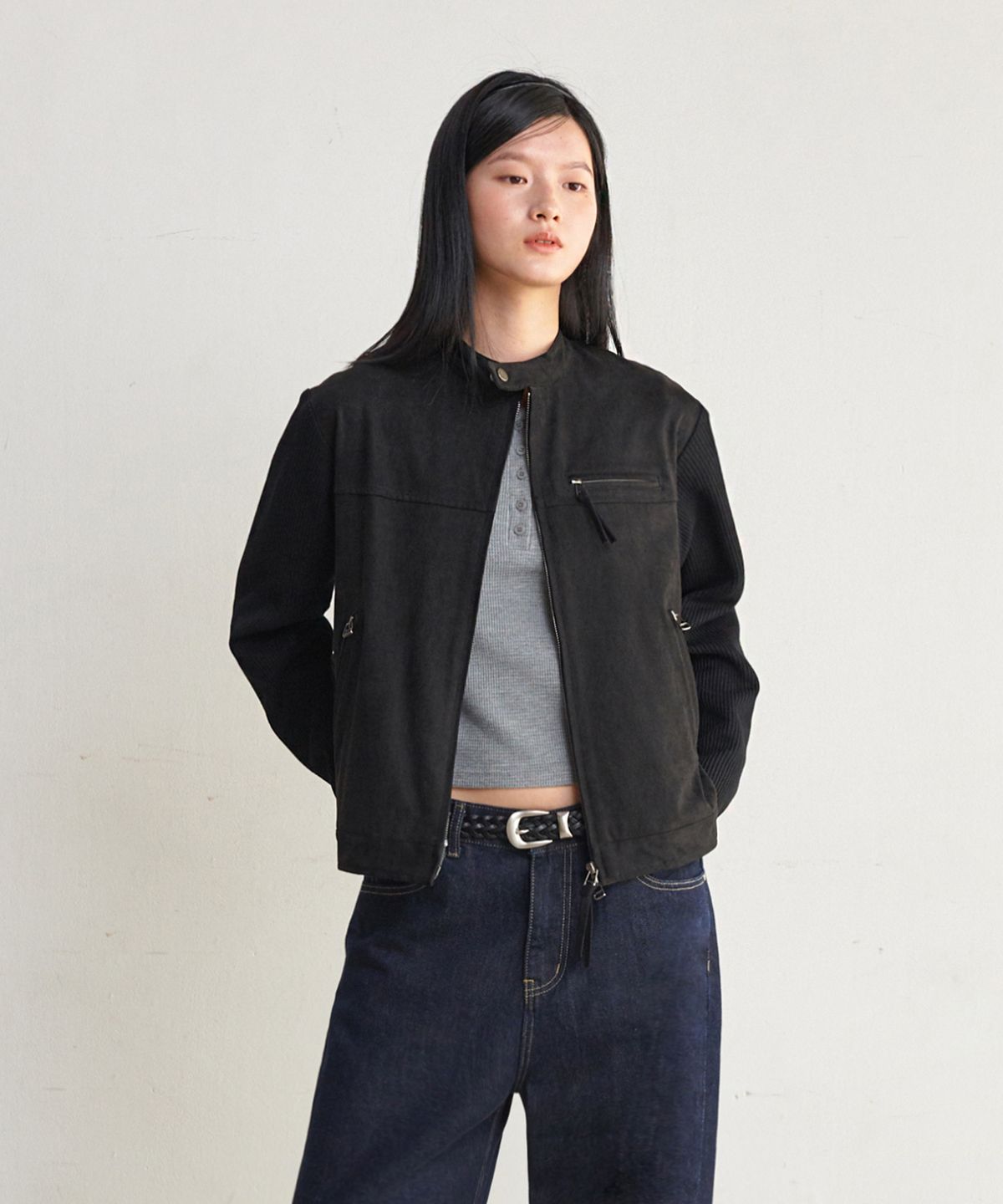 굿라이프웍스(GLW) [unisex] 스웨이드 크롭 바이커 자켓 블랙