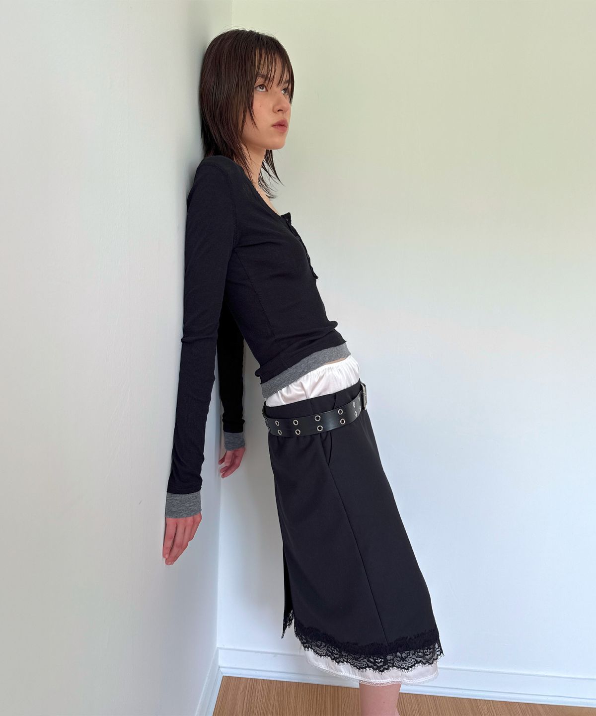 다이애그널(DIAGONAL) DOUBLE LAYERED LACE SKIRT (black)
