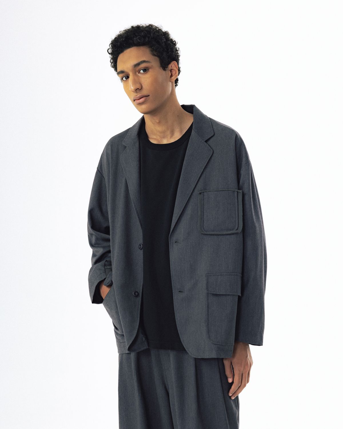 앵글런(ANGLAN) Mix Structured Blazer - Grey