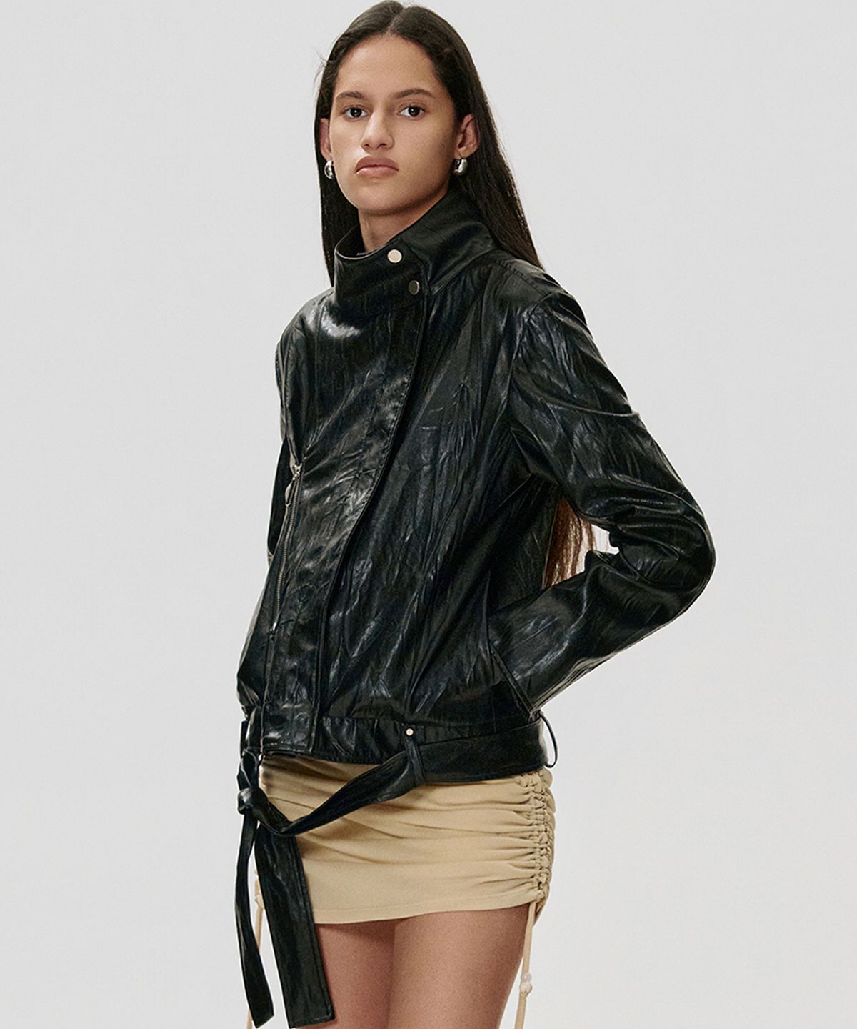 킴지수(KIMZISU) Zip Tucked Faux Leather Jacket_BLACK