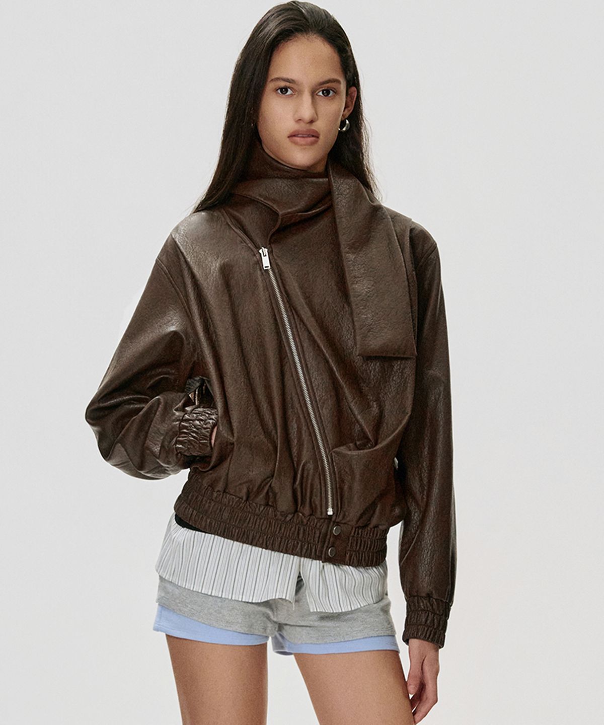 킴지수(KIMZISU) Scarf Faux Leather Jacket_BROWN