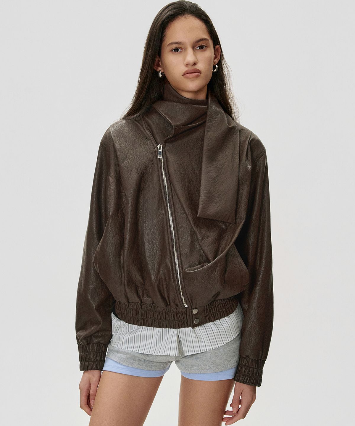 킴지수(KIMZISU) Scarf Faux Leather Jacket_BROWN