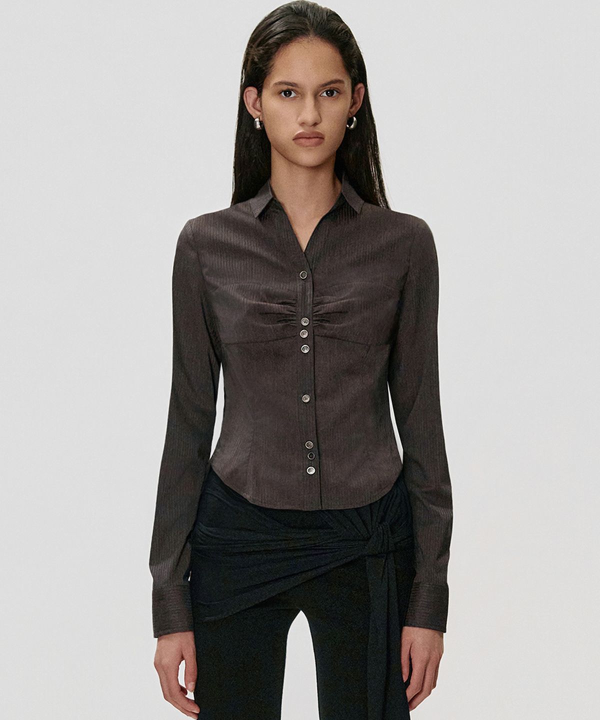 킴지수(KIMZISU) Slim Fit Shirred Shirt_CHARCOAL