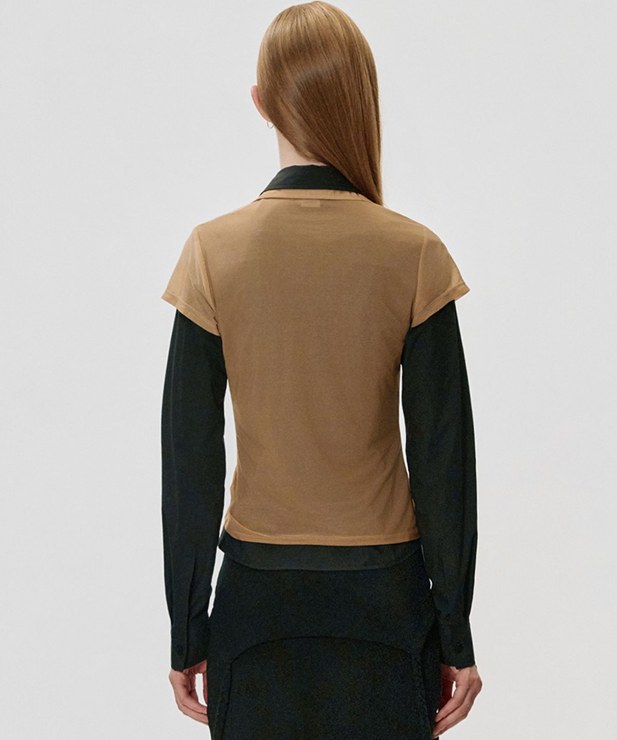킴지수(KIMZISU) Sheer Draped Polo Jersey Top_SAND