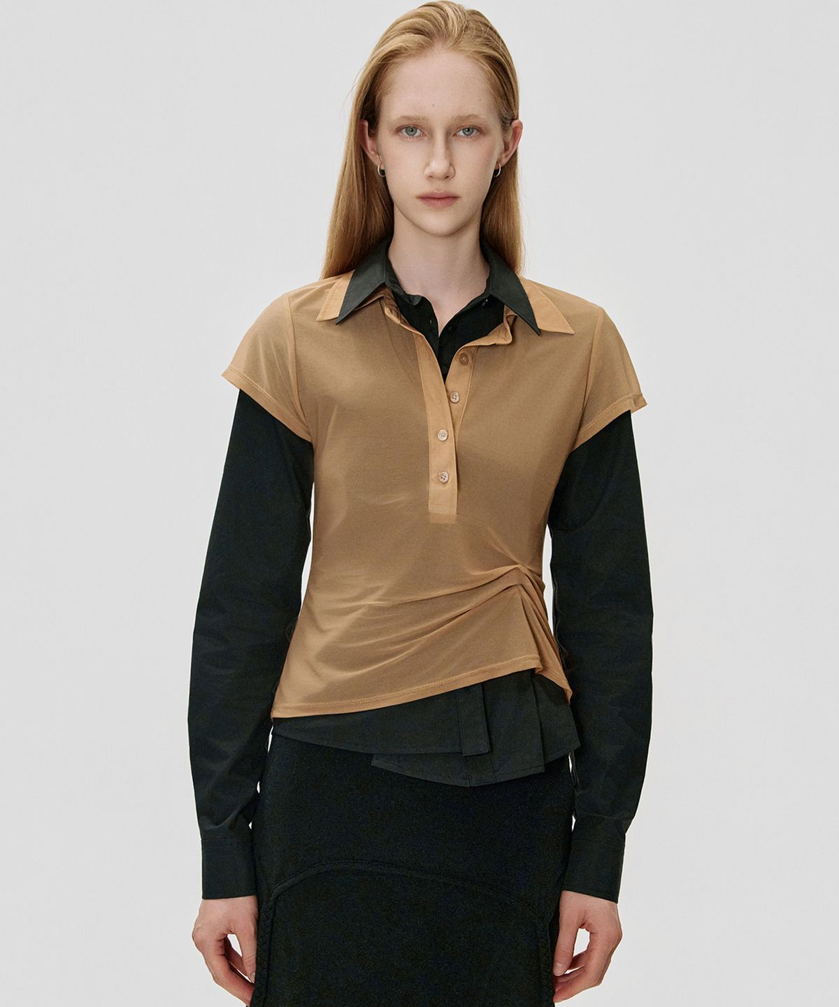 킴지수(KIMZISU) Sheer Draped Polo Jersey Top_SAND