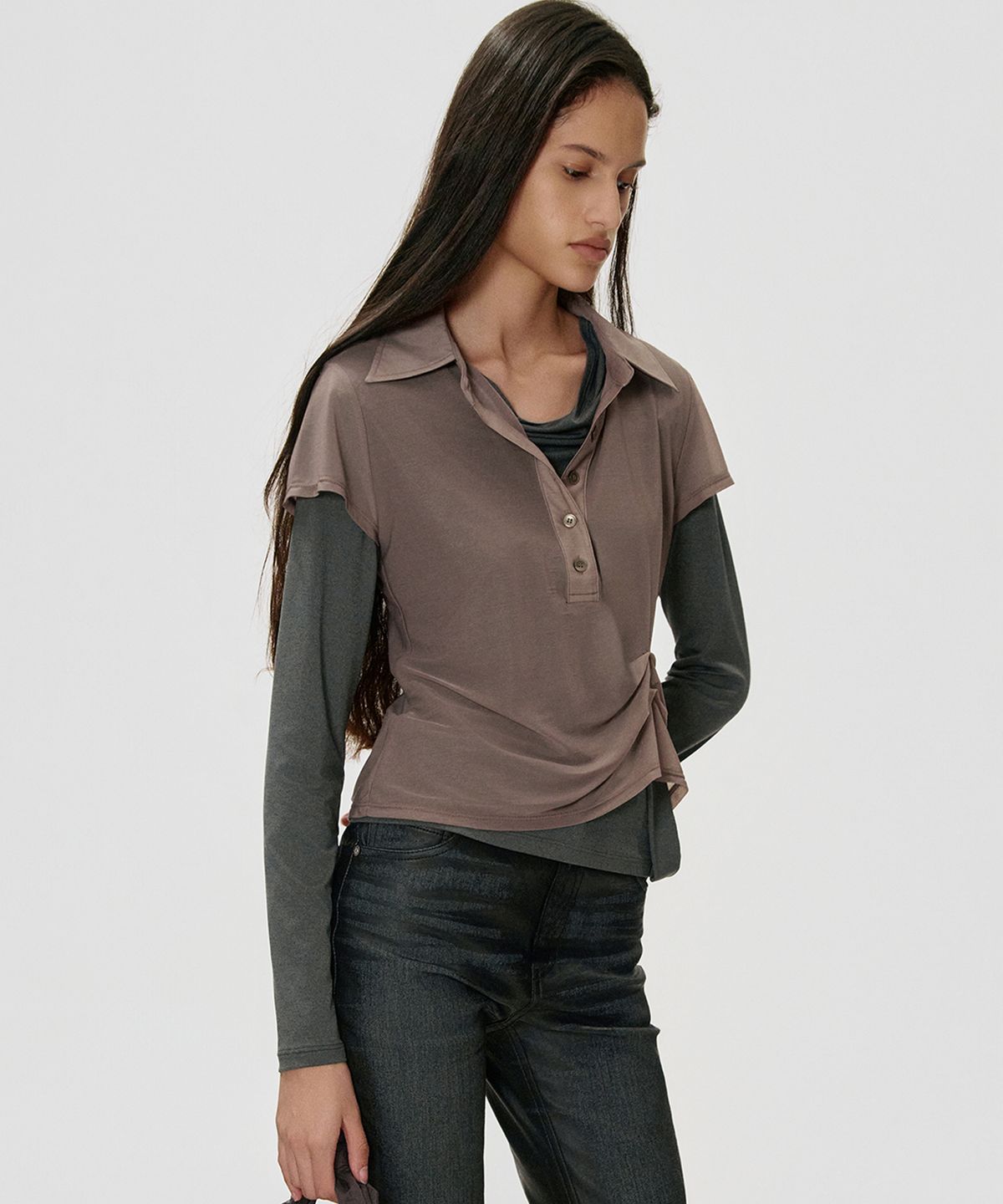 킴지수(KIMZISU) Sheer Draped Polo Jersey Top_TARO