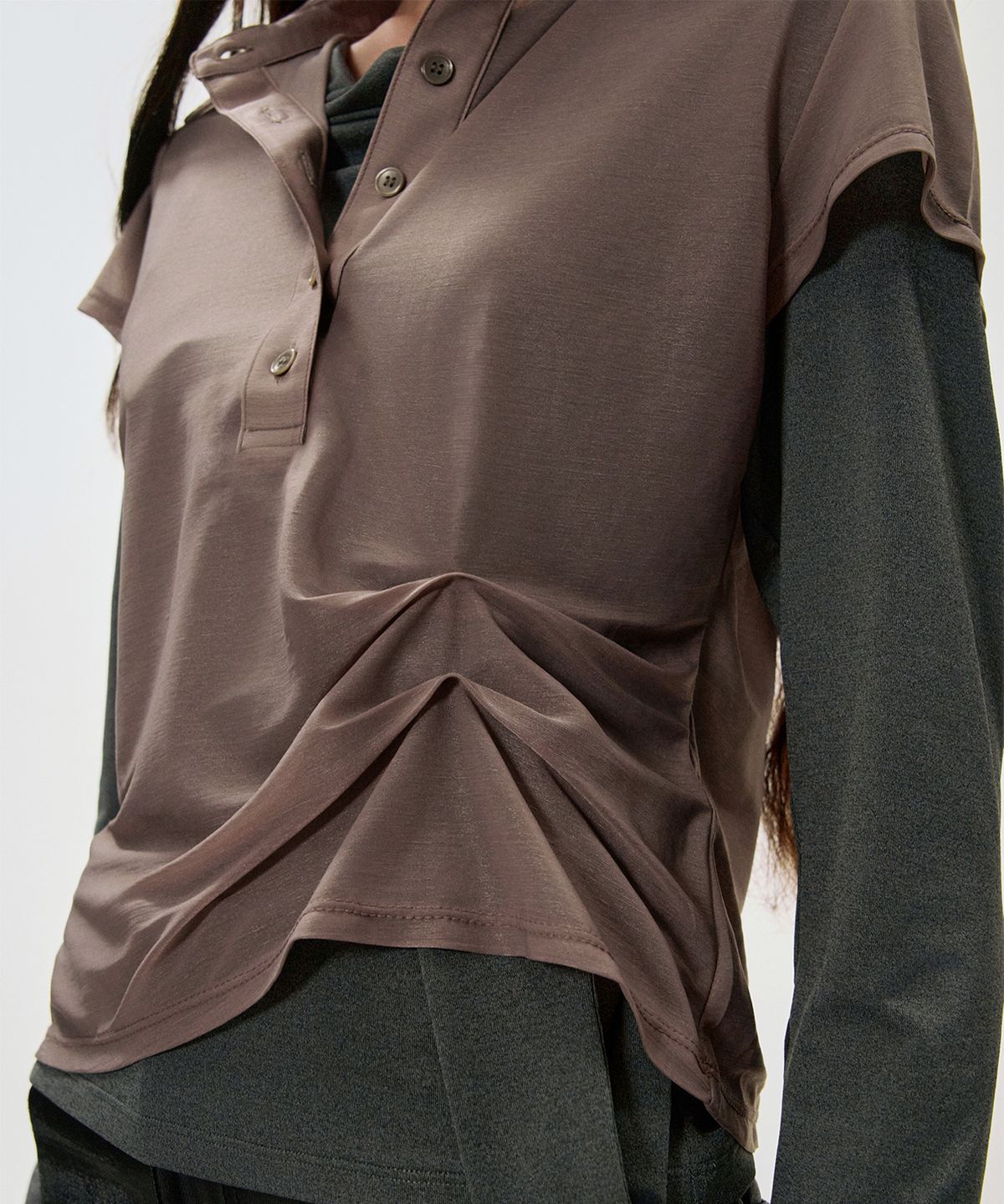 킴지수(KIMZISU) Sheer Draped Polo Jersey Top_TARO
