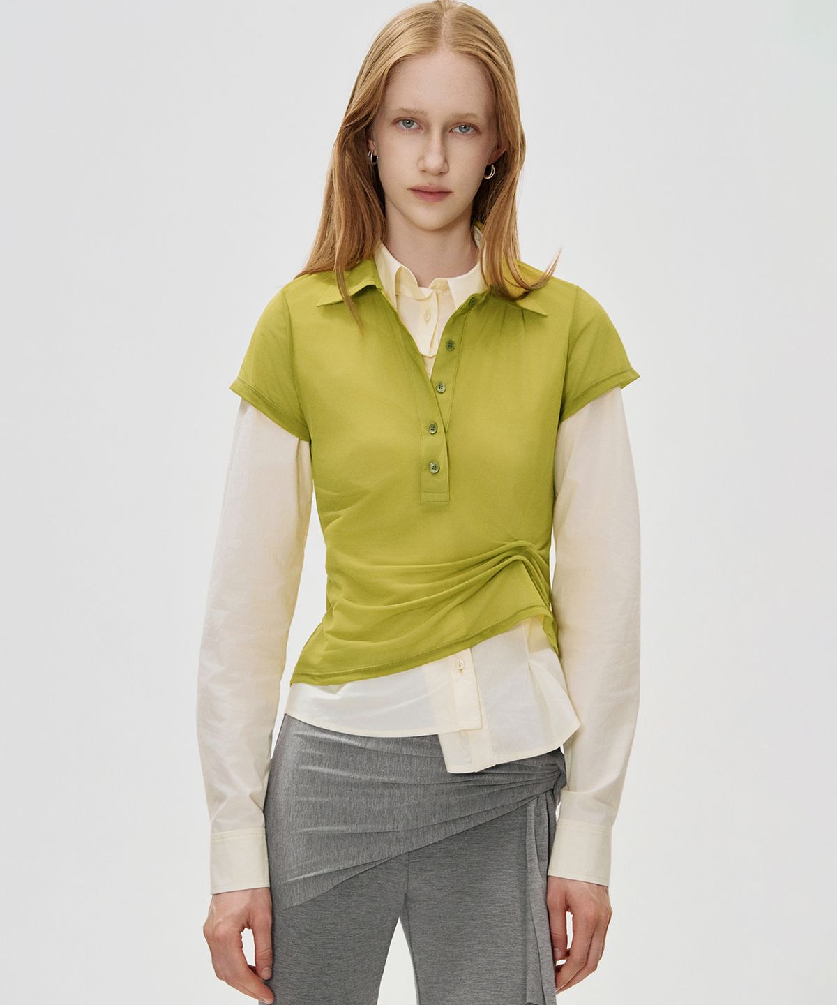 킴지수(KIMZISU) Sheer Draped Polo Jersey Top_OLIVE GREEN