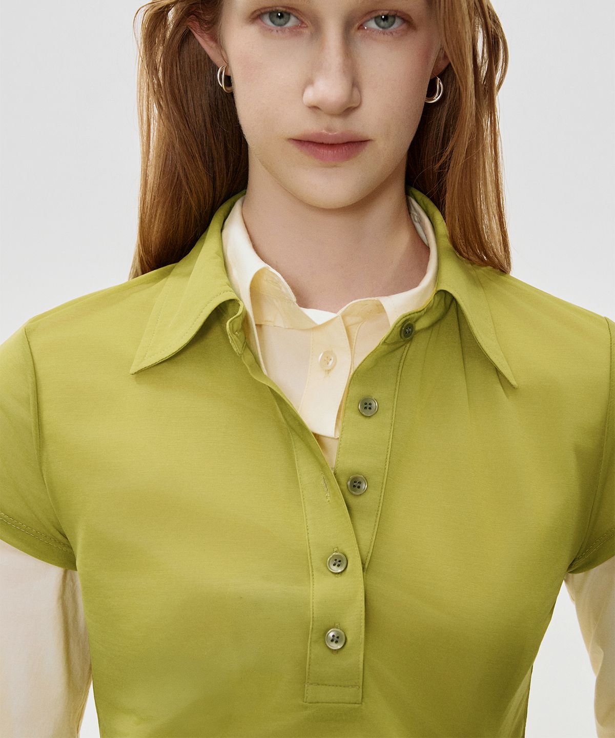 킴지수(KIMZISU) Sheer Draped Polo Jersey Top_OLIVE GREEN