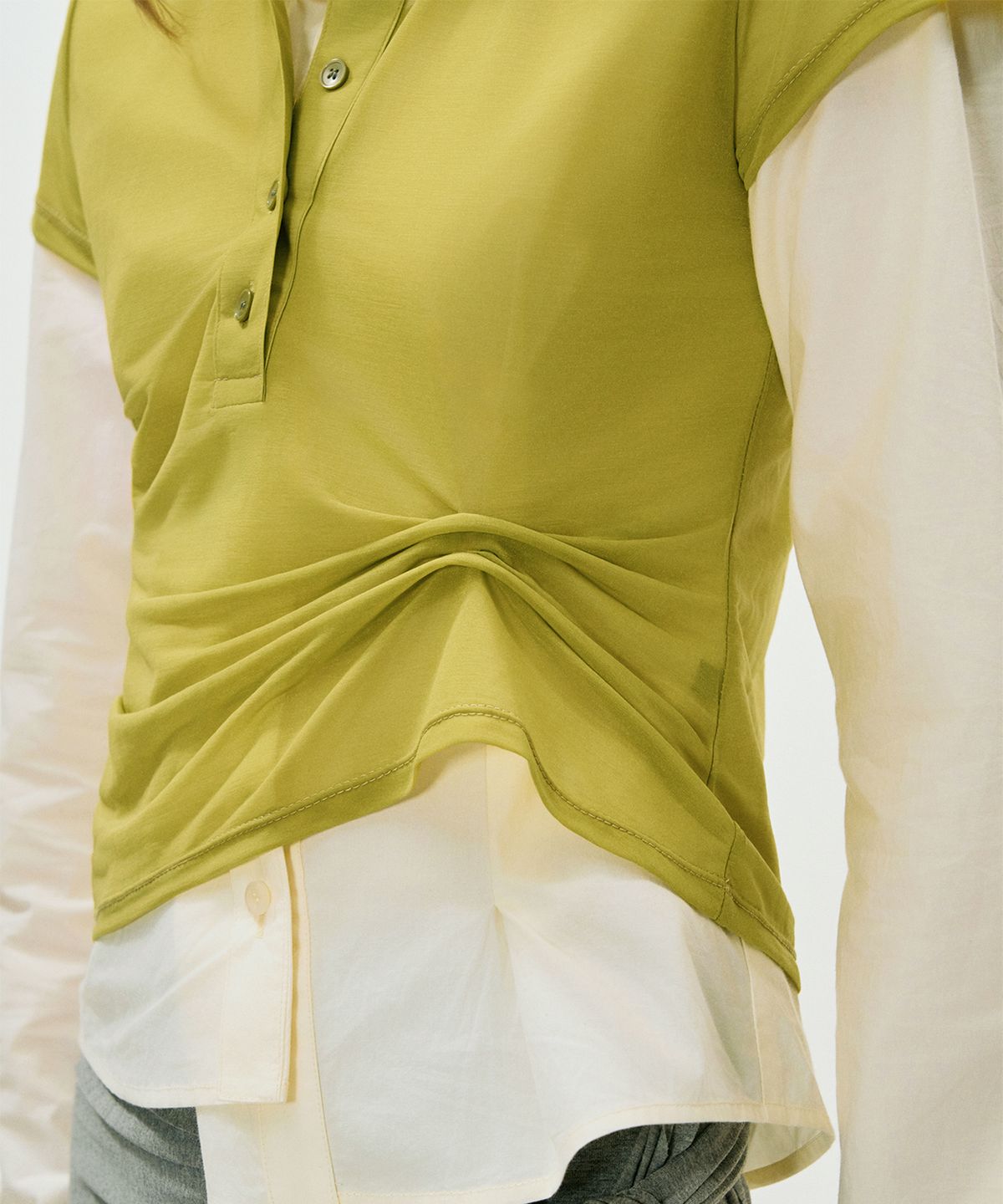 킴지수(KIMZISU) Sheer Draped Polo Jersey Top_OLIVE GREEN