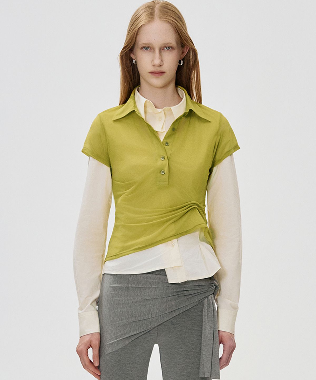 킴지수(KIMZISU) Sheer Draped Polo Jersey Top_OLIVE GREEN