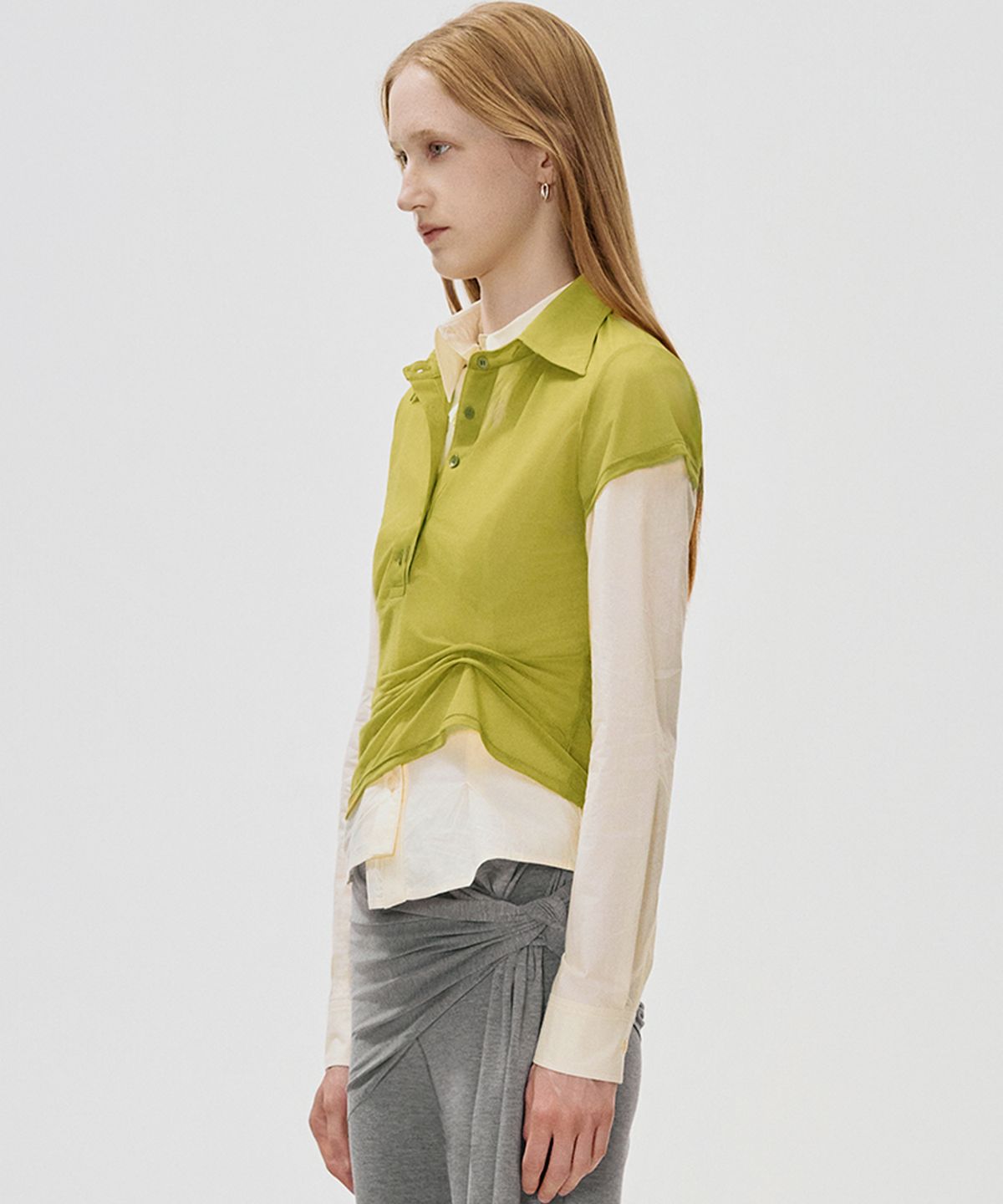 킴지수(KIMZISU) Sheer Draped Polo Jersey Top_OLIVE GREEN