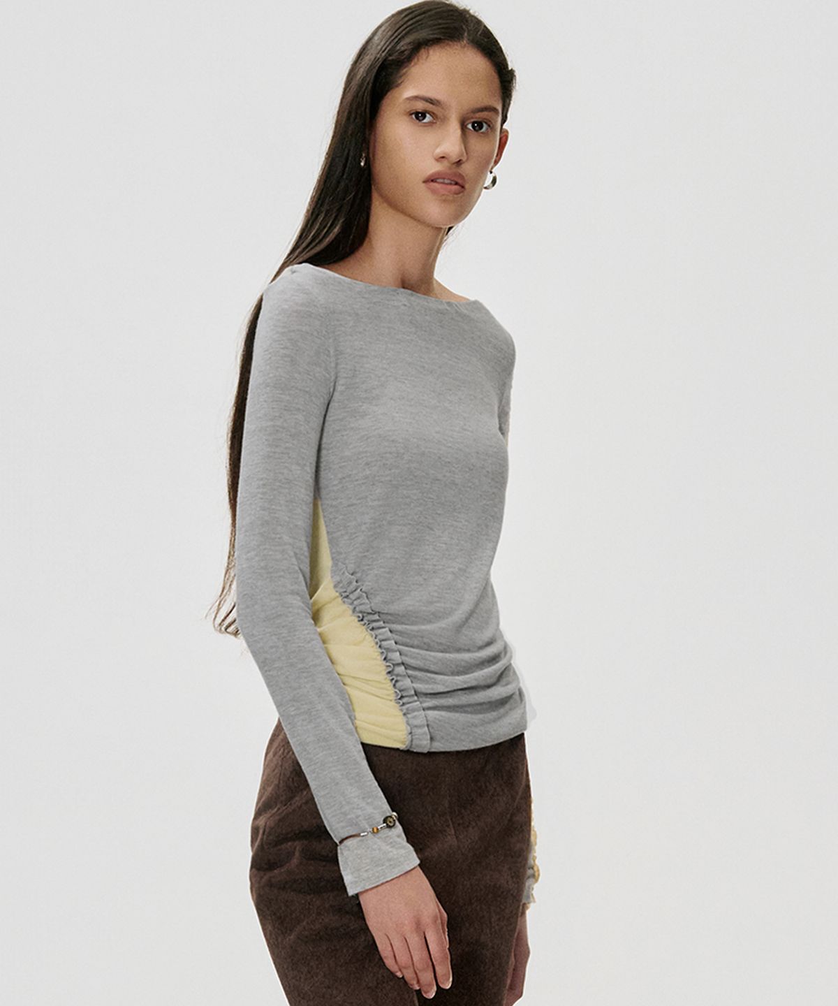 킴지수(KIMZISU) Colour Block Shirred T-shirt_MELANGE GREY