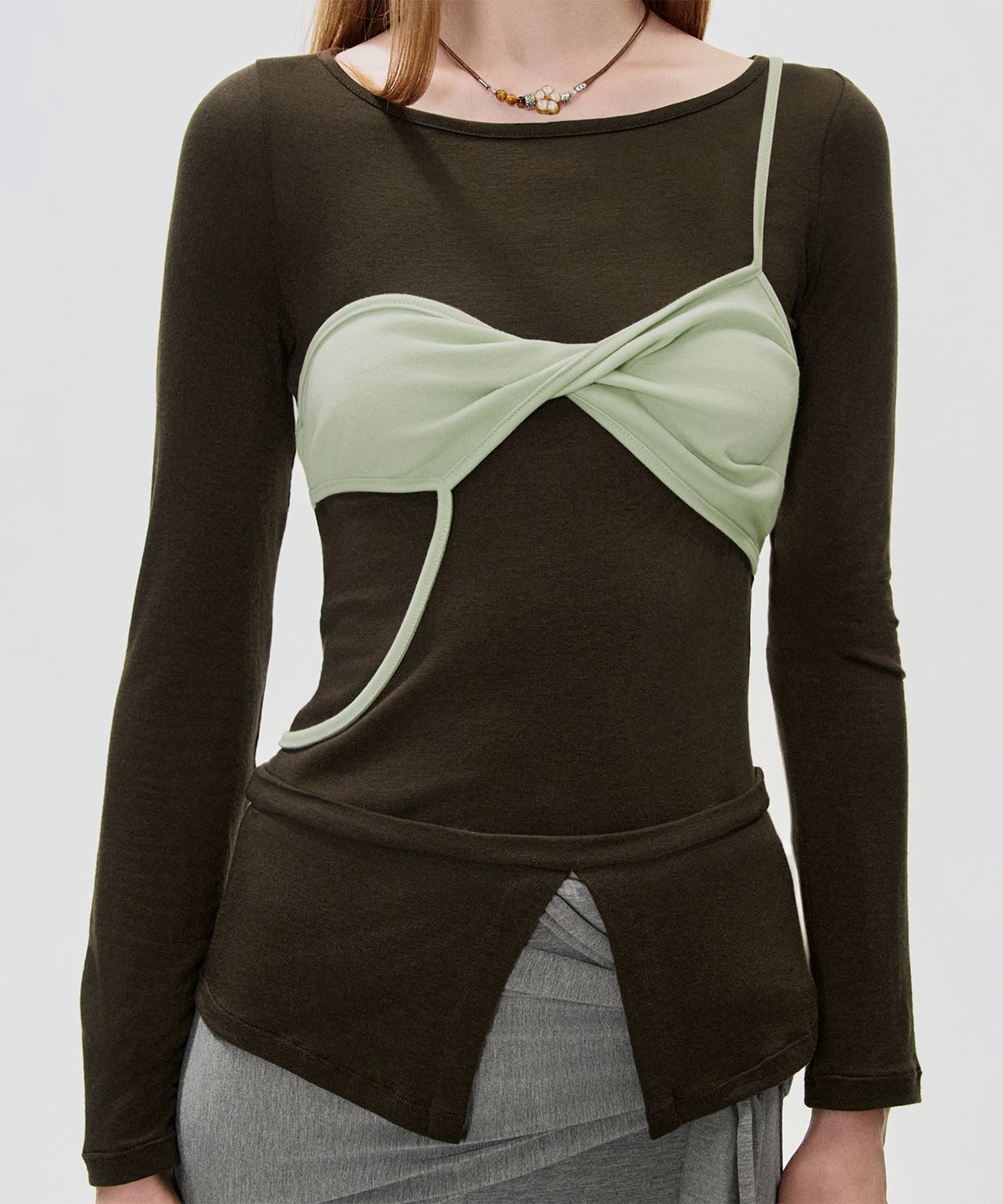 킴지수(KIMZISU) Twisted Bra Layer T-shirt_BROWN
