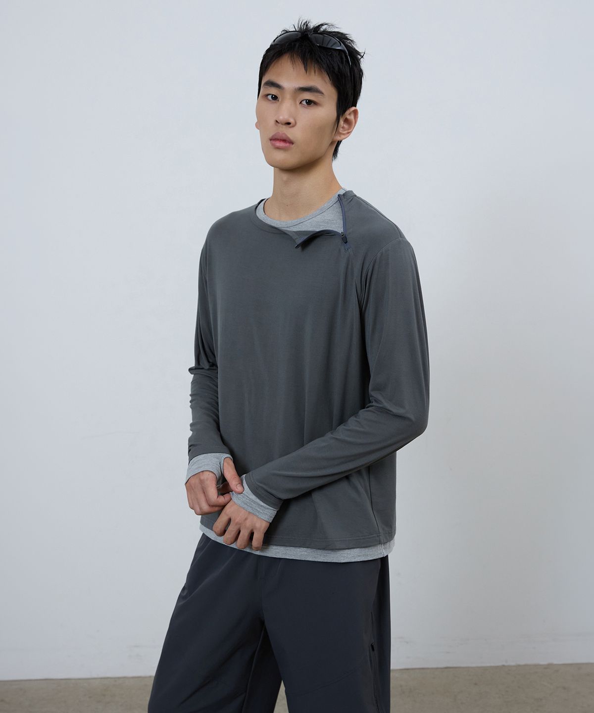 미치코런던 스포츠(MICHIKO LONDON SPORTS) 다이애그널 레이어드 롱슬리브 차콜