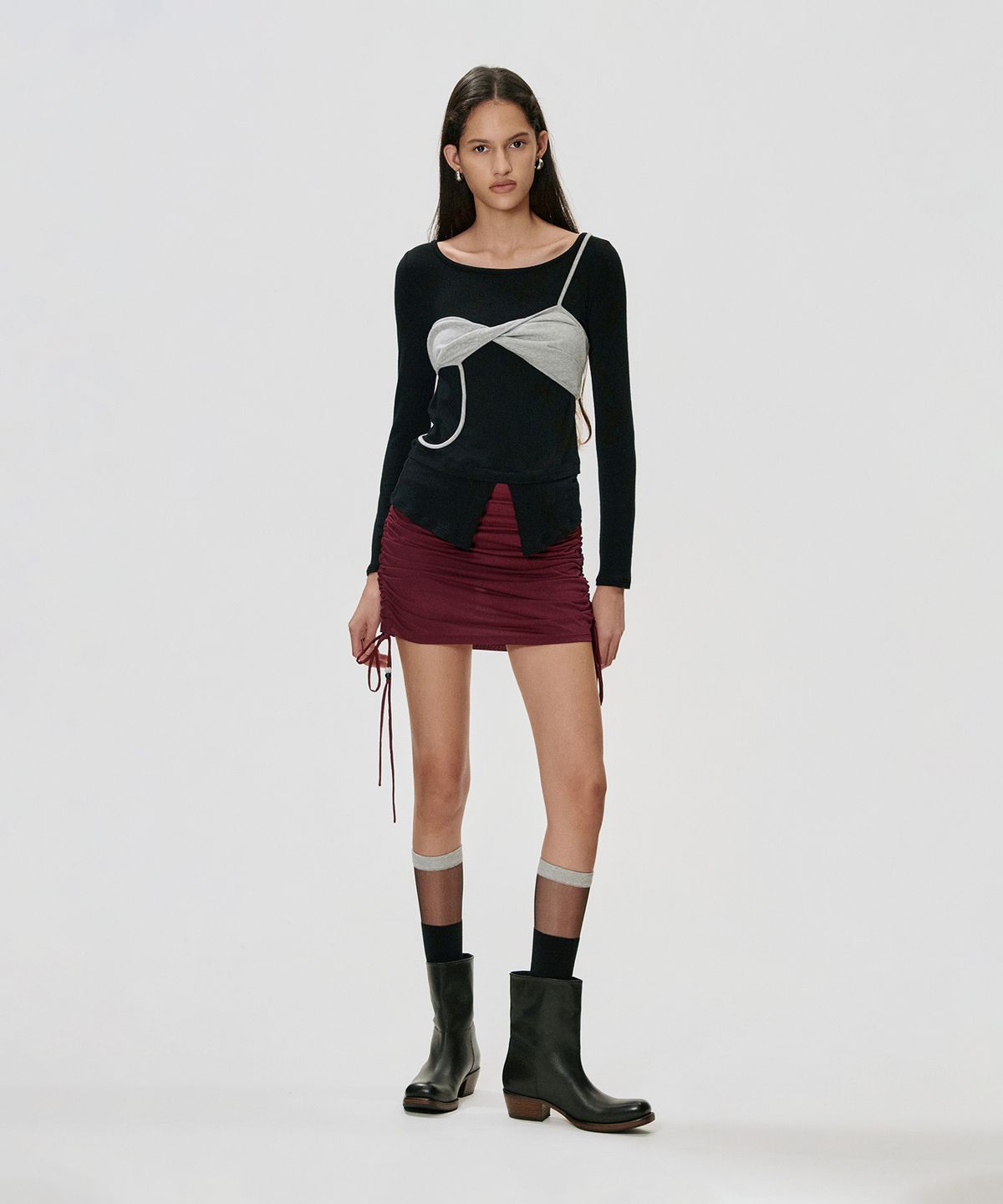 킴지수(KIMZISU) Sheer Color-Block Knee-High Socks_BLACK