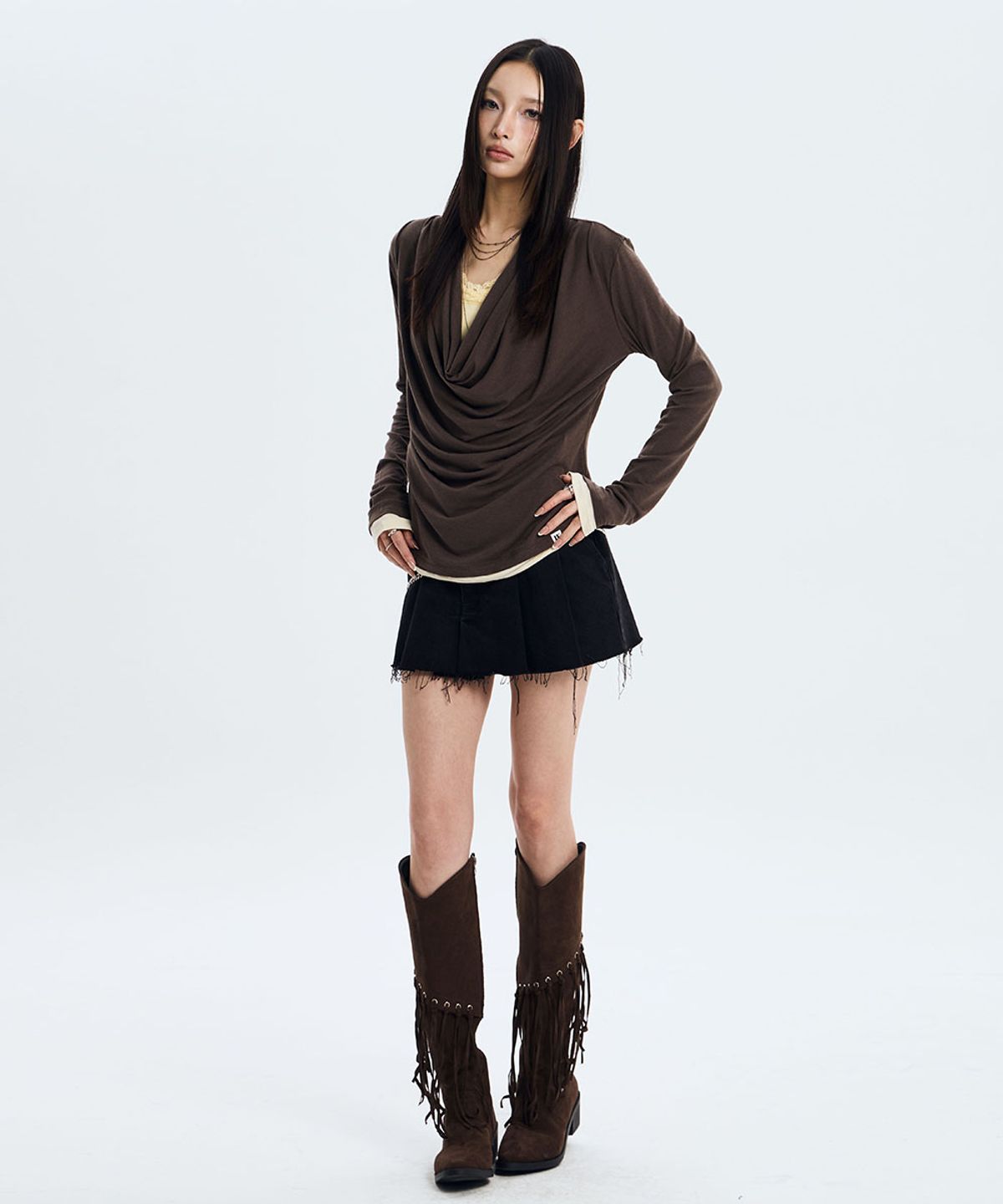 낫노잉(NOTKNOWING) Deep Cowl Layered Top (BROWN)