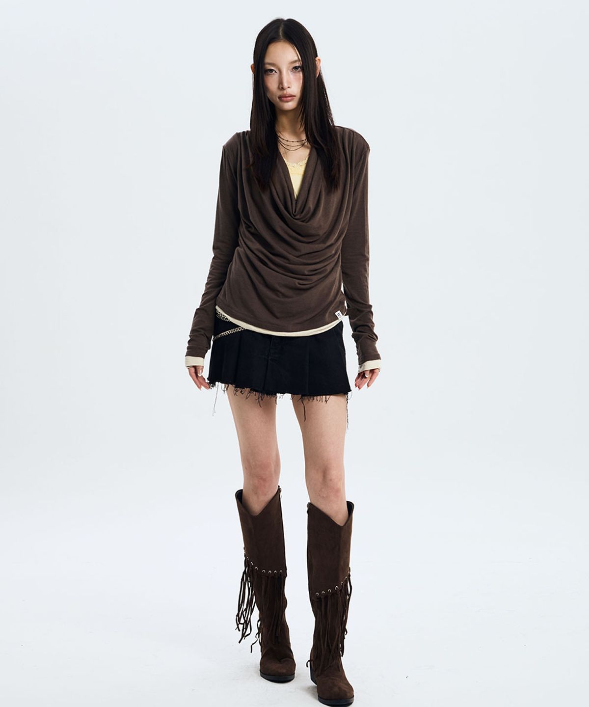 낫노잉(NOTKNOWING) Deep Cowl Layered Top (BROWN)