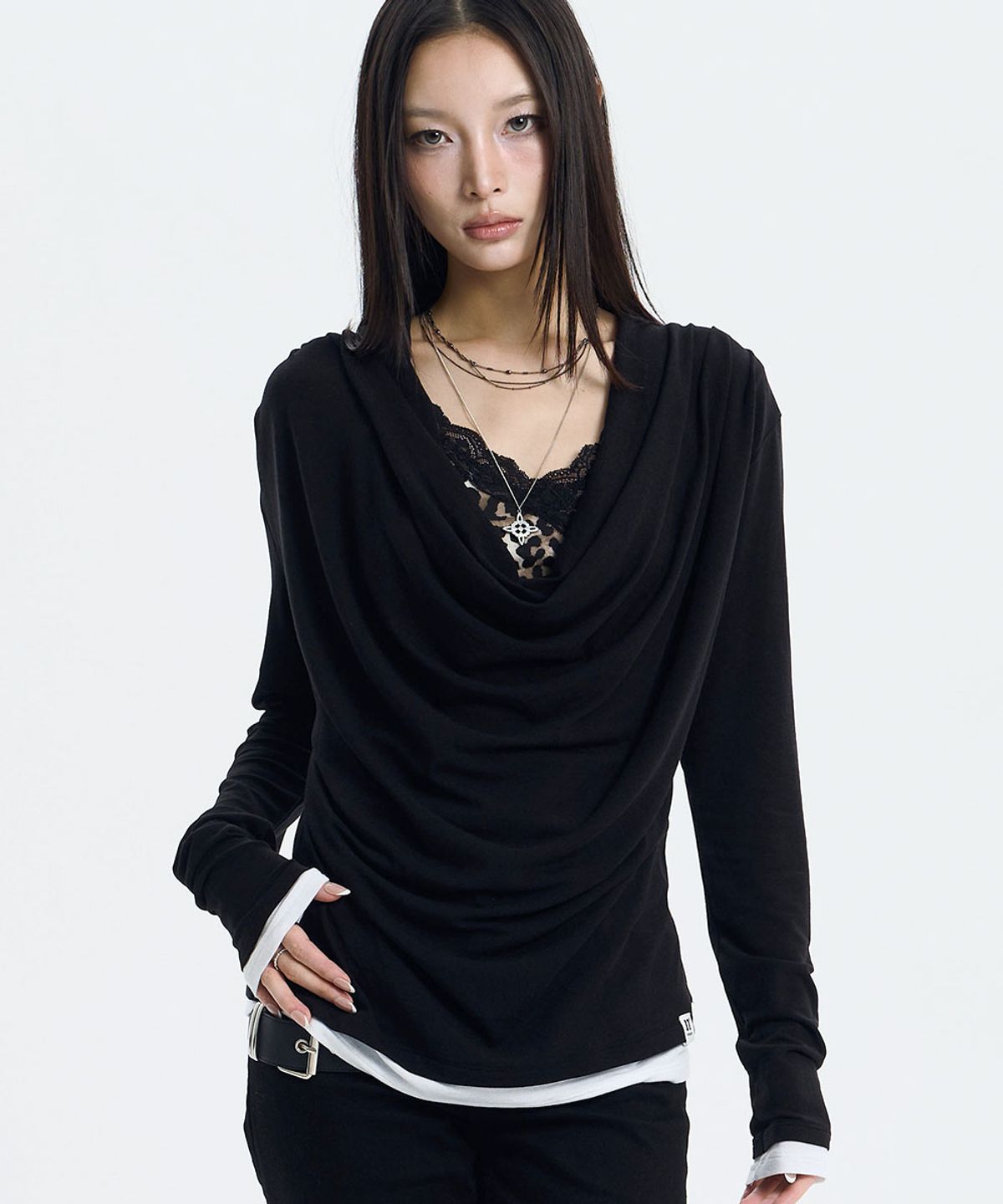 낫노잉(NOTKNOWING) Deep Cowl Layered Top (BLACK)