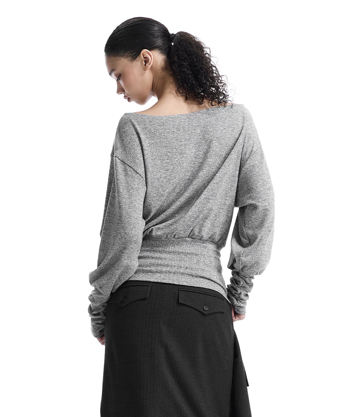 트리밍버드(TREEMINGBIRD) Banded-Waist Blouson Top [ Melange Gray ]