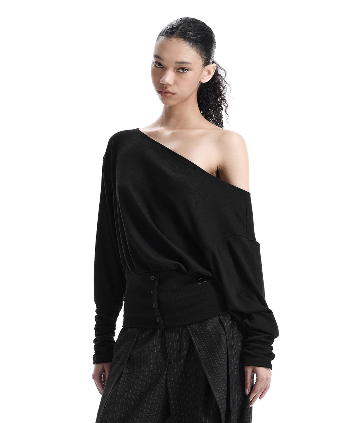 트리밍버드(TREEMINGBIRD) Banded-Waist Blouson Top [ Black ]