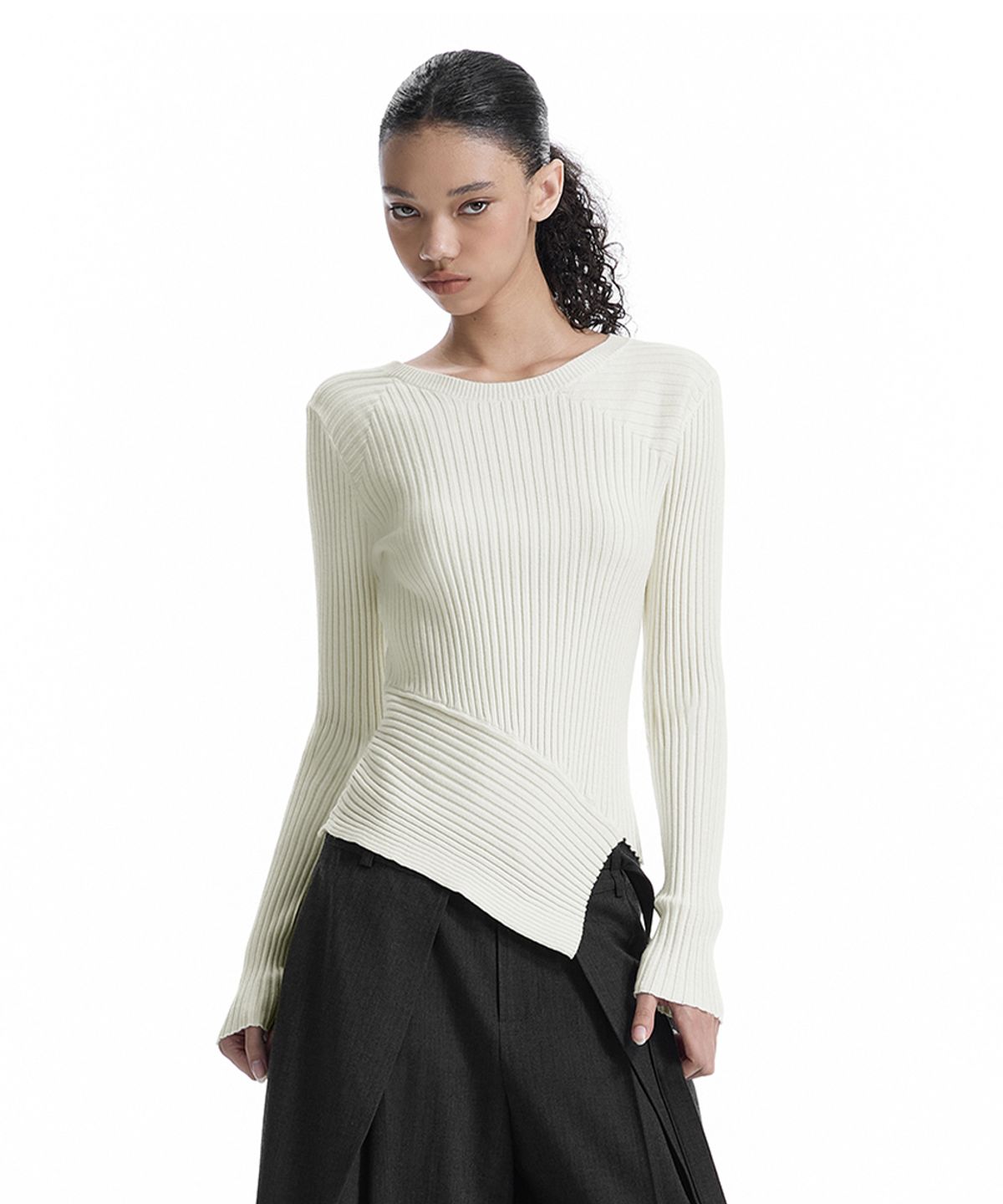 트리밍버드(TREEMINGBIRD) Asymmetric Ribbed Knit Top [ Ivory ]