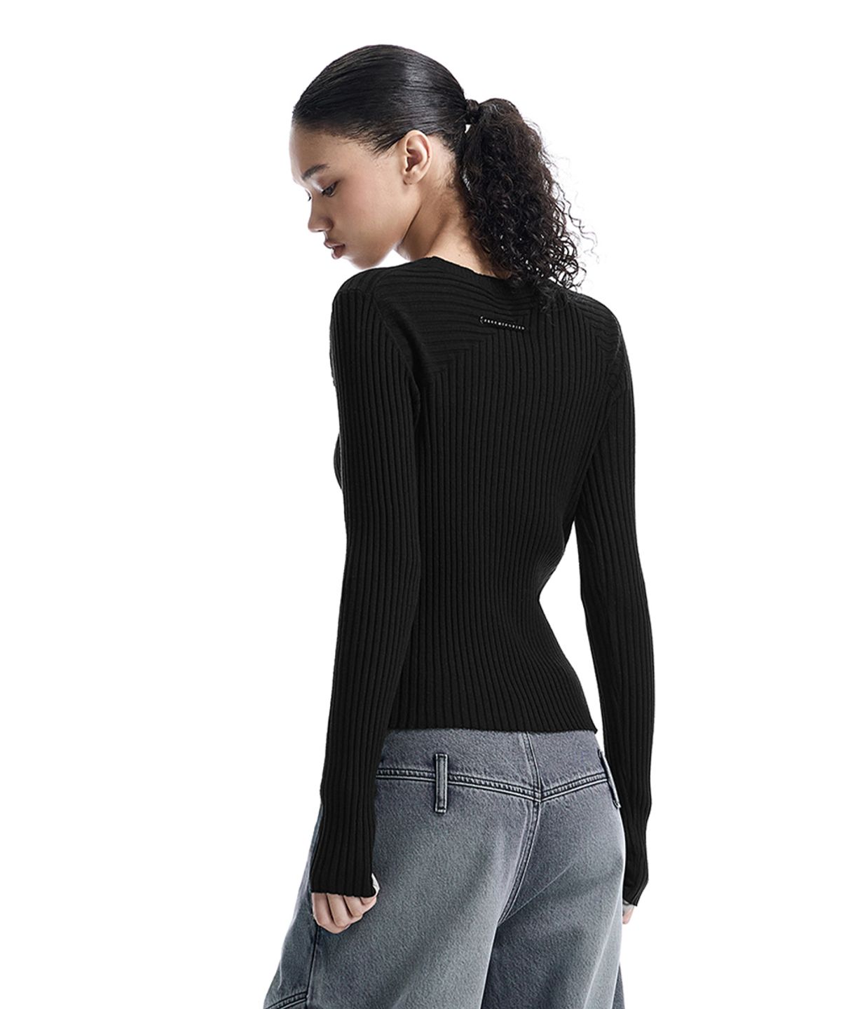 트리밍버드(TREEMINGBIRD) Asymmetric Ribbed Knit Top [ Black ]