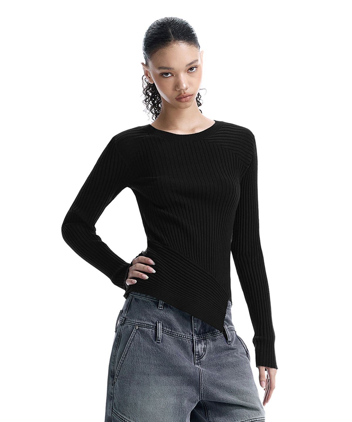 트리밍버드(TREEMINGBIRD) Asymmetric Ribbed Knit Top [ Black ]