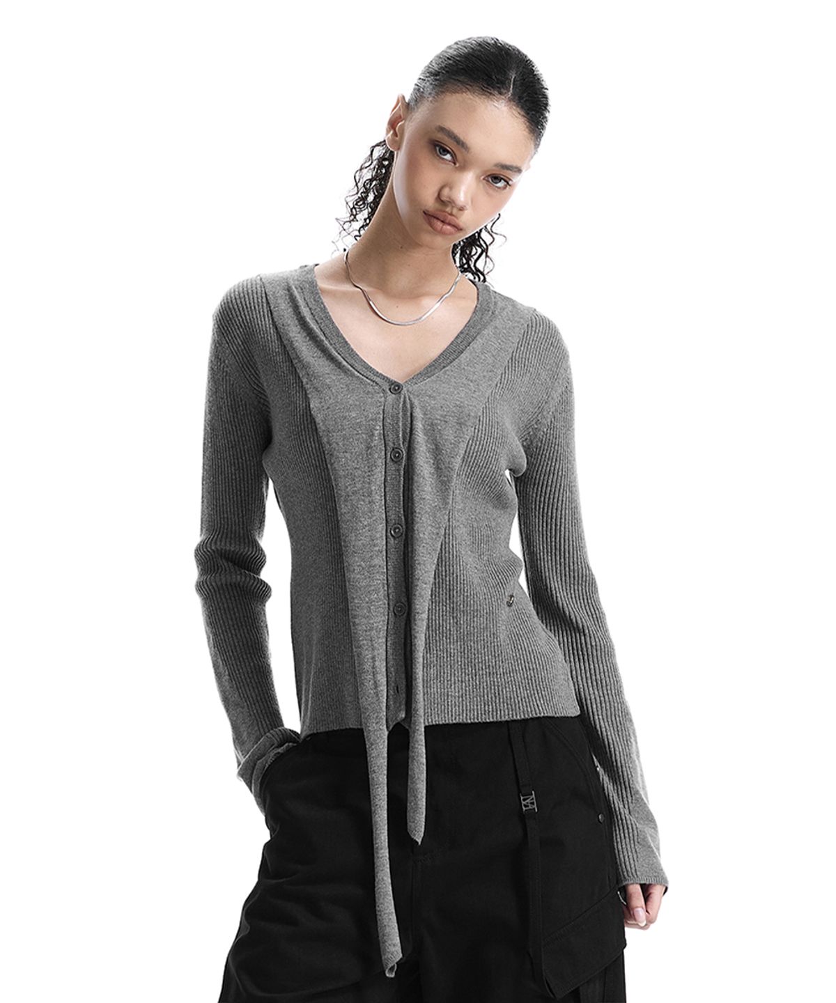 트리밍버드(TREEMINGBIRD) V-Neck Scarf Knit Cardigan [ Melange Gray ]