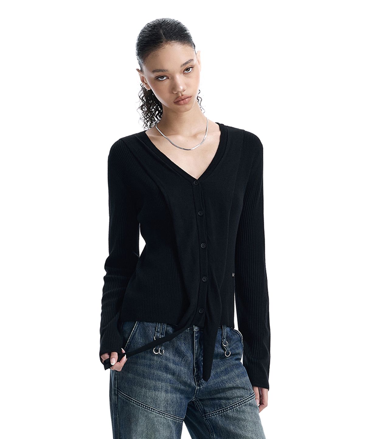 트리밍버드(TREEMINGBIRD) V-Neck Scarf Knit Cardigan [ Black ]