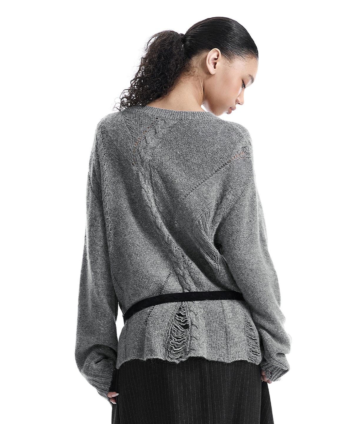 트리밍버드(TREEMINGBIRD) Distressed Cable-Knit Top [ Gray ]