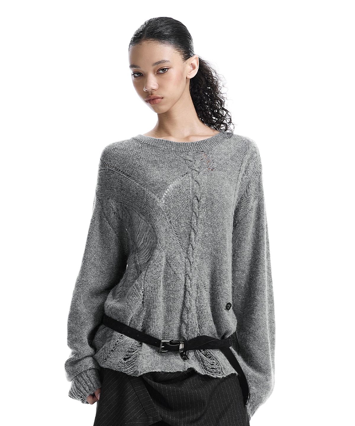 트리밍버드(TREEMINGBIRD) Distressed Cable-Knit Top [ Gray ]