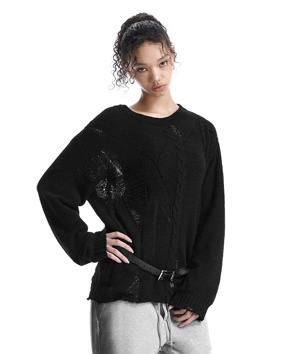 트리밍버드(TREEMINGBIRD) Distressed Cable-Knit Top [ Black ]