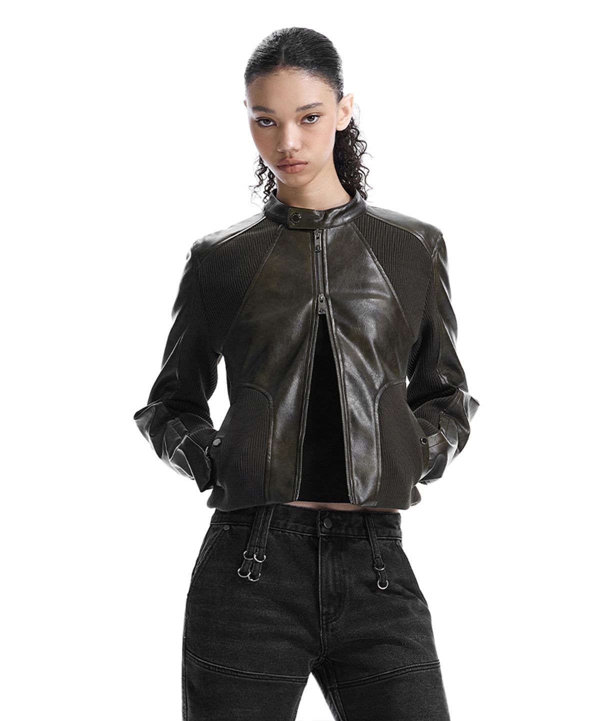 트리밍버드(TREEMINGBIRD) Rib Pannel Slim Fit Leather Jacket [ Brown ]