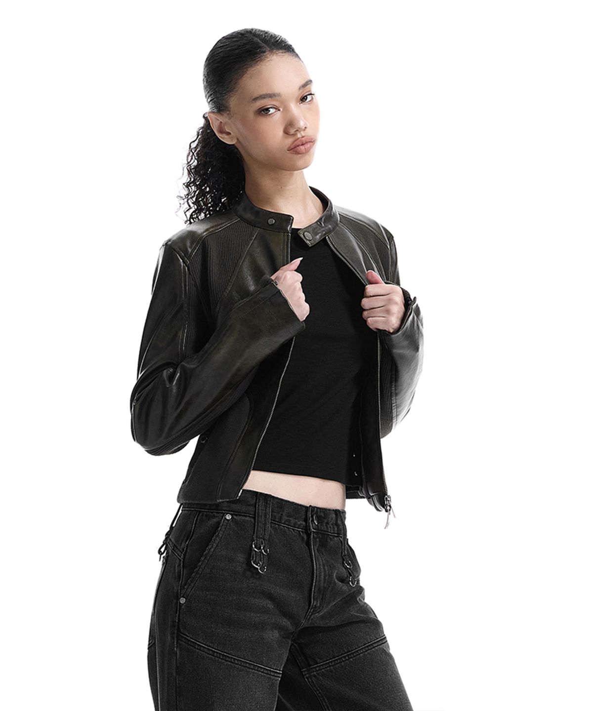 트리밍버드(TREEMINGBIRD) Rib Pannel Slim Fit Leather Jacket [ Brown ]