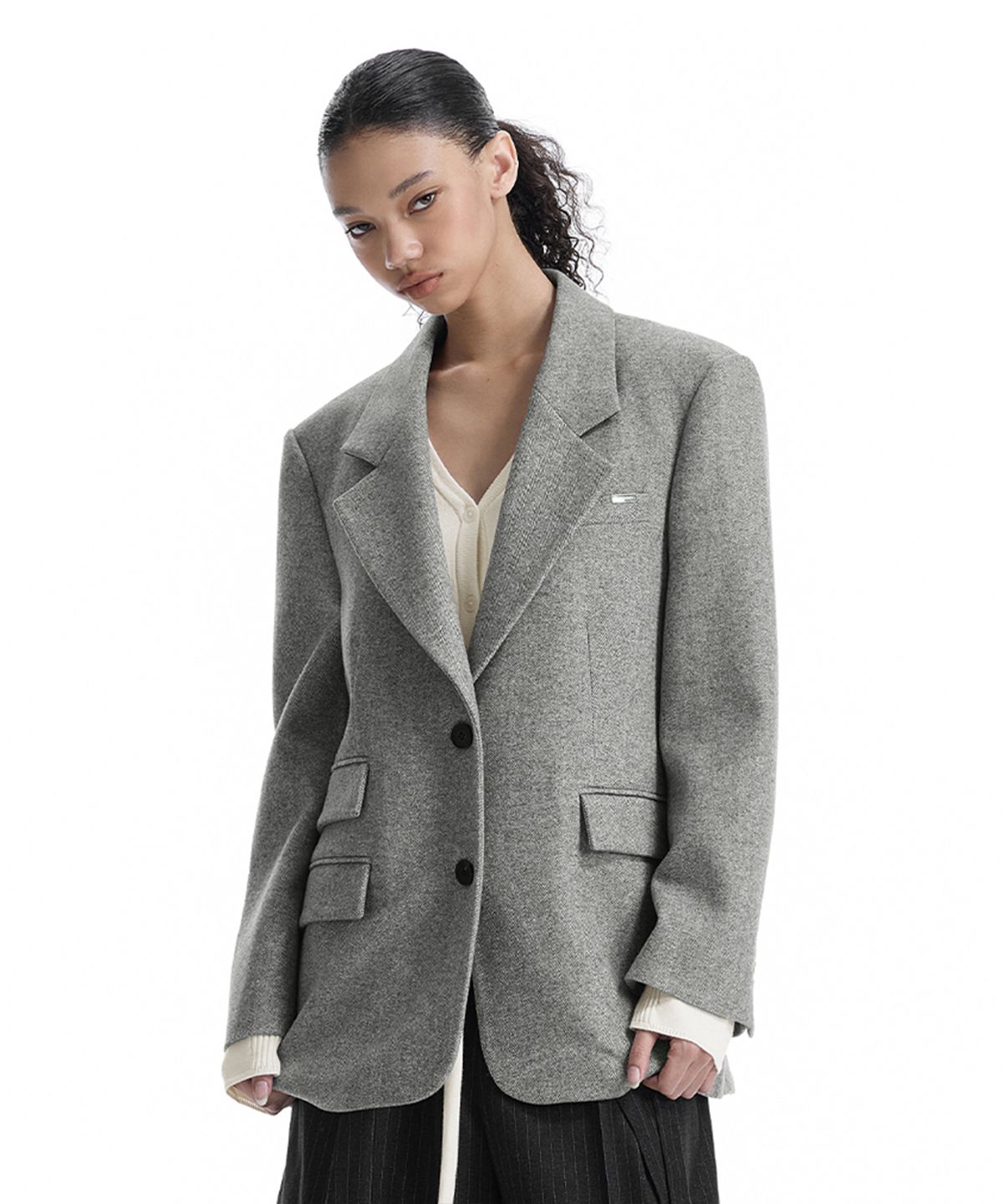 트리밍버드(TREEMINGBIRD) Back-Button Oversized Wool Blazer [ Gray ]