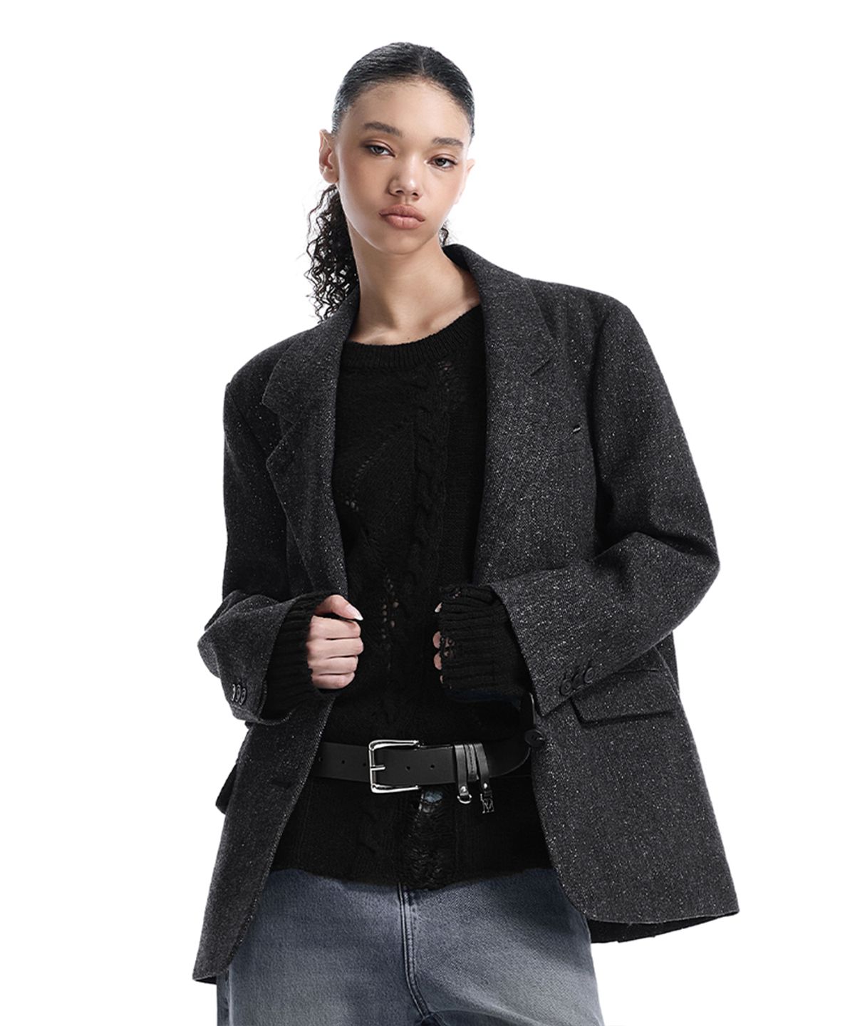 트리밍버드(TREEMINGBIRD) Back-Button Oversized Wool Blazer [ Charcoal ]