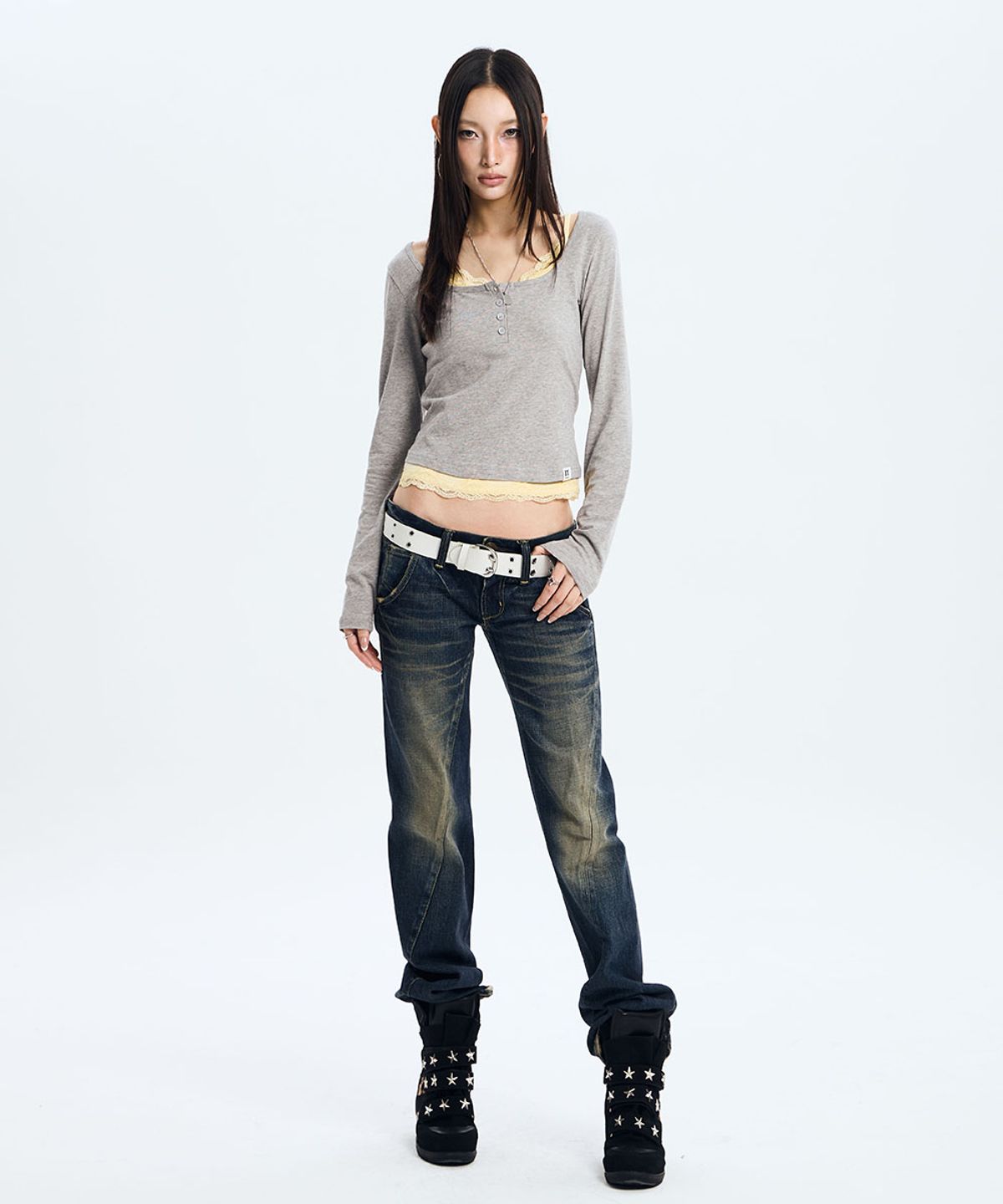 낫노잉(NOTKNOWING) L/S Lace Layered Set (MELANGE GREY)