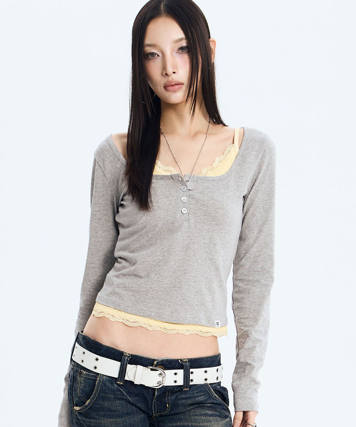 낫노잉(NOTKNOWING) L/S Lace Layered Set (MELANGE GREY)