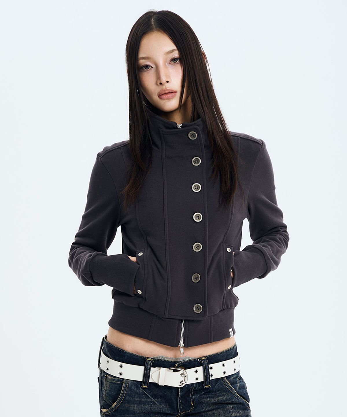 낫노잉(NOTKNOWING) Button High Neck Zip Up (GREY)