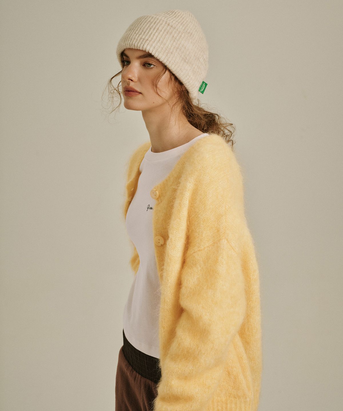 그린버터(GREENBUTTER) Fuzzy Kid Mohair Cardigan (Yellow)